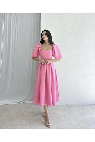 Daem Butik Γυναικείο Μίντι Φόρεμα με ροζ τετράγωνο λαιμό και μπαλόνι με βολάν