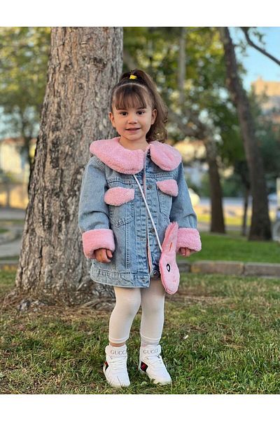 Sahil Collection Girl's Denim Coat with Bag Gift and Fur Inside