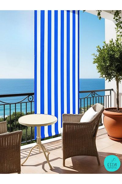 esin tekstil Blue and White Striped Balcony Curtain with Cornice - Luxury Tailored Tarpaulin