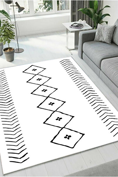 HaLıFoRuM Kaymaz Tabanlı Salon Halısı İskandinav Desen Yıkanabilir Oturma Odası Yolluk Mutfak DZ-11-BEYAZ