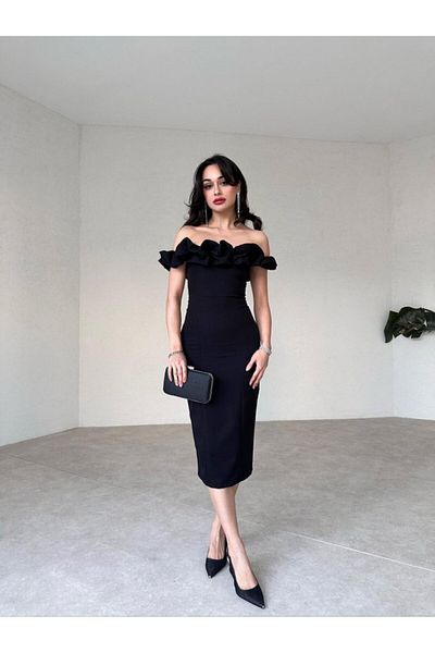 Daem Butik Γυναικείο Μαύρο Μολύβι Φόρεμα Μίντι Μήκους με Λεπτομέρεια βολάν