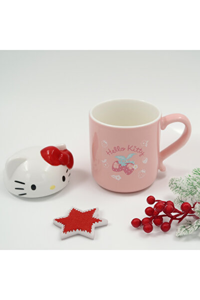enyareshome Seramik Kapaklı Hello Kitty Sevimli Hediyelik Büyük Boy Seramik Kupa 14cm