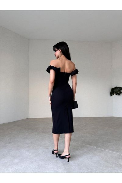 Afiş Butik Rochie midi cu volane cu guler fără umăr