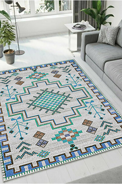 HaLıFoRuM Yumuşak Kaymaz Yıkanabilir Mutfak Halısı Oturma Odası Koridor Salon DZ-21-TURKUAZ