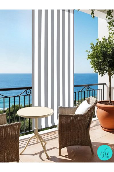 esin tekstil Gray and White Striped Balcony Curtain with Cornice - Luxury Tailored Tarpaulin