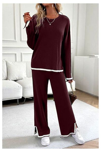 Little Visqon Women's Crew Neck Modal Double Suit with Sleeves and Slit Detail - Burgundy