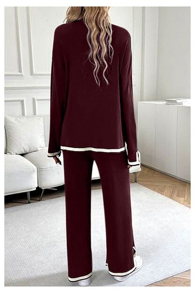 Little Visqon Women's Crew Neck Modal Double Suit with Sleeves and Slit Detail - Burgundy