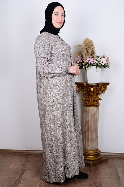 FERACE TESETTÜR Ferace 8226 Beige Women's Robe Comfortable Fit Plus Size Semi Buttoned Crispy Patterned Dress with Elastic Sleeves