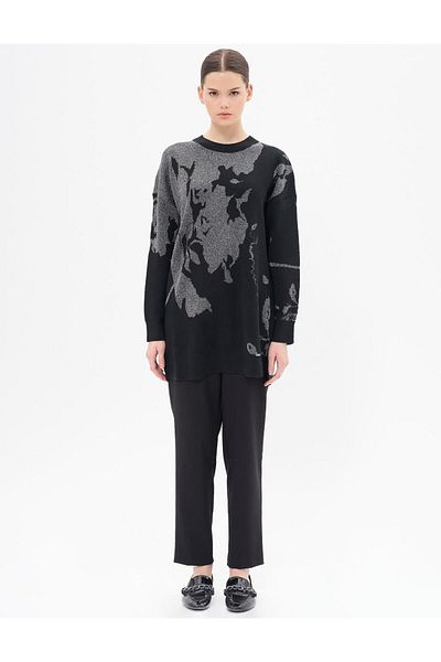 Kayra Black Knitwear Tunic - Off-Shoulder, Crew Neck