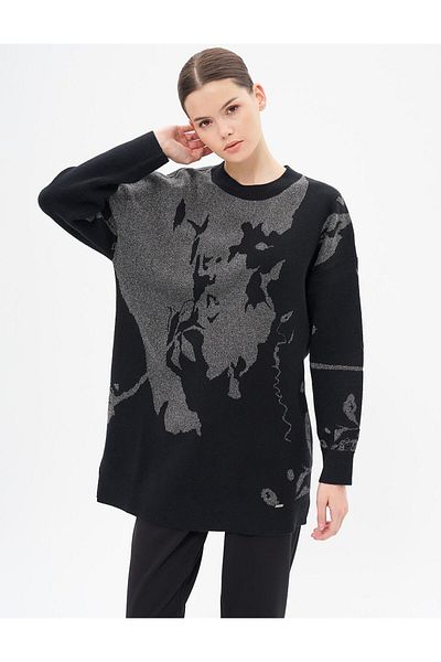 Kayra Black Knitwear Tunic - Off-Shoulder, Crew Neck