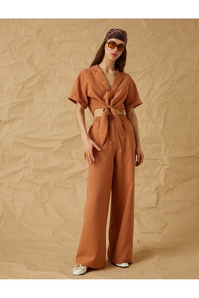 Koton V-Neck Tie Waist Short Sleeve Crop Shirt