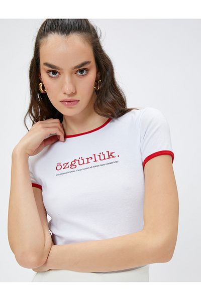 Koton Freedom Slogan Embroidered T-Shirt Short Sleeve Crew Neck 100th Anniversary Special
