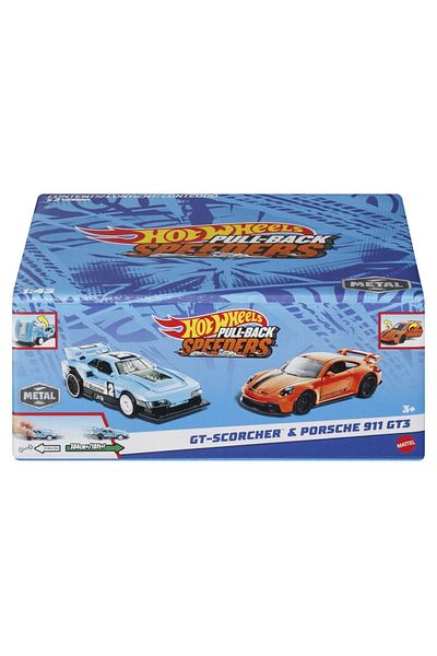 HOT WHEELS SET 2 MASINUTE METALICE PULL BACK GT-SCORCHER SI PORSCHE 911 GT3 1:43