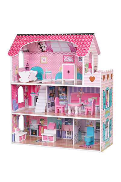 Fab N Funky Pink 3-Story Wooden Doll House with Furniture for Kids 3+, Smooth Edges, 62x27x70 cm