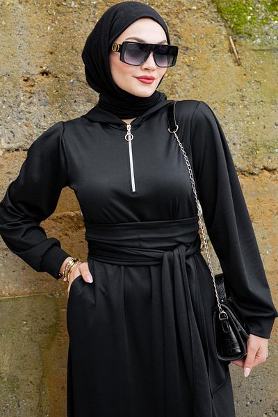 Tesettür Çarşım Scuba Sports Dress with Wide Belt-Black