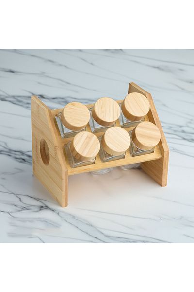 Vadi Set of 6 Square Spice Jars with Bamboo Lids - Glass Spice Jars with Wooden Stand