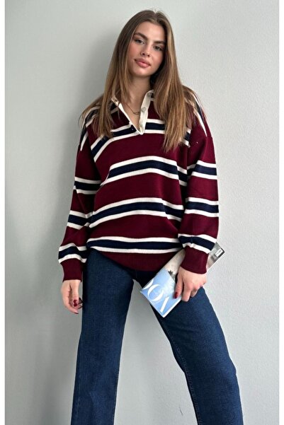 fujya Pulover de damă oversize cu gât polo cu dungi bordeaux
