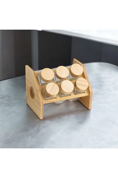 Vadi Set of 6 Square Spice Jars with Bamboo Lids - Glass Spice Jars with Wooden Stand