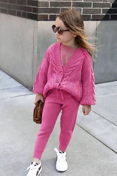 Minigimin Cicileri Girl's 2-Piece Set with Chain Patterned Knitwear Cardigan