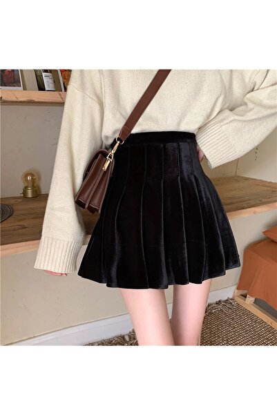 NSMLİFE Siyah Yüksek Bel Pileli Sonbahar Ve Kışlık Kadife Etek