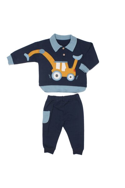 bebegen Erkek Bebek Lacivert Sarı Kepçe Desenli Yakalı 2'li Takım