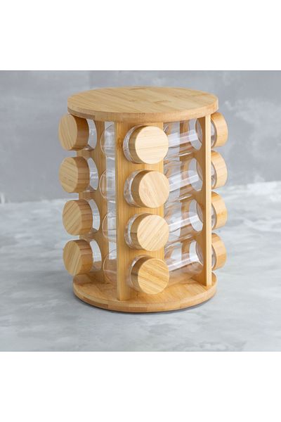 Vadi Set of 16 Round Borosilicate Glass Spice Racks with Bamboo Lids and Swivel Stand
