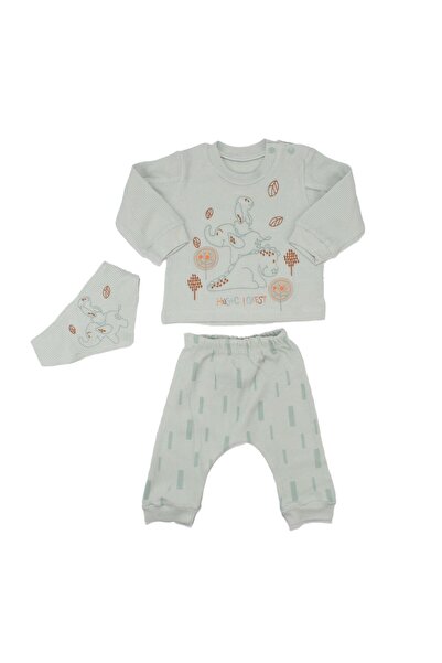 bebegen Baby Boy Water Green Elephant Embroidered Bib Waffle Set of 3