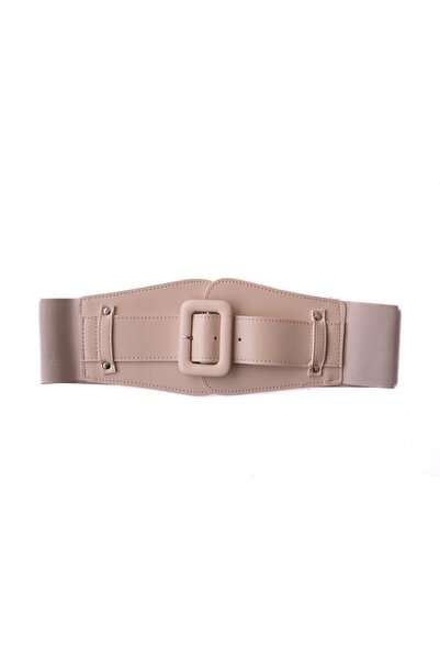 WOMAN VISION Beige Faux Leather Belt - Flexible Elastic, Large Buckle, Waist Corsage 1743