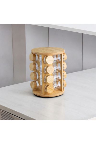 Vadi Set of 16 Round Borosilicate Glass Spice Racks with Bamboo Lids and Swivel Stand