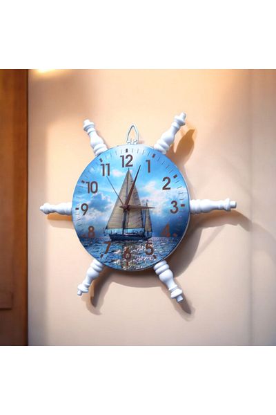 Bahat Blue White Glassless Wooden Sailor Helm Living Room Office Wall Clock Diameter 36 cm