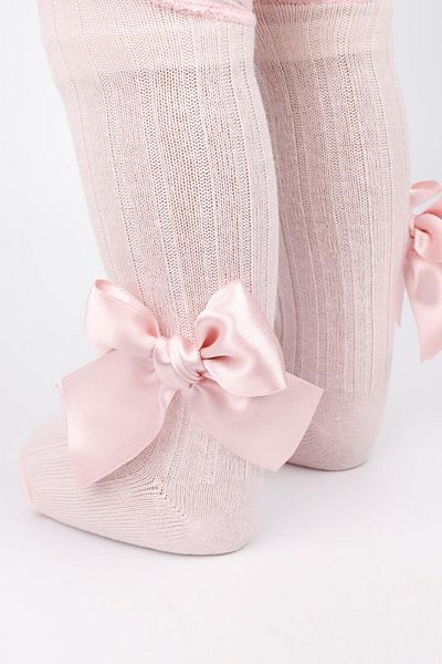 Le Mabelle Pink Bow Ribbed Girl's Pantyhose