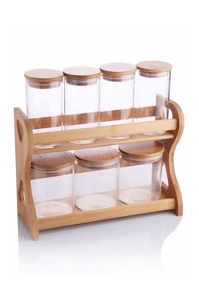 Vadi Round Borosilicate Glass Jar with 7 Bamboo Stands