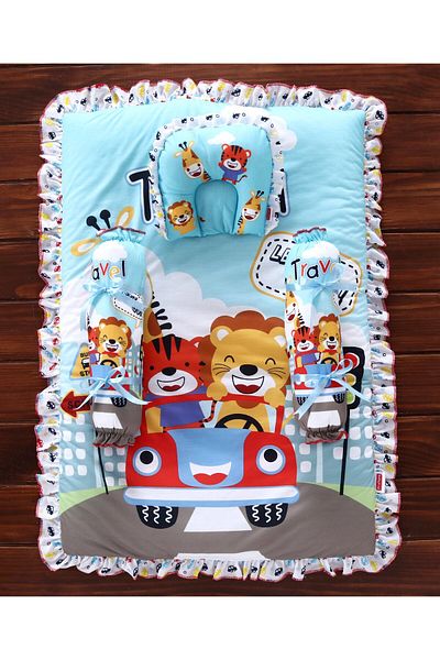 Babyhug طقم فراش محمول بطبعة سفر، 100% قطن - متعدد الألوان، مرتبة ووسادة ومساند