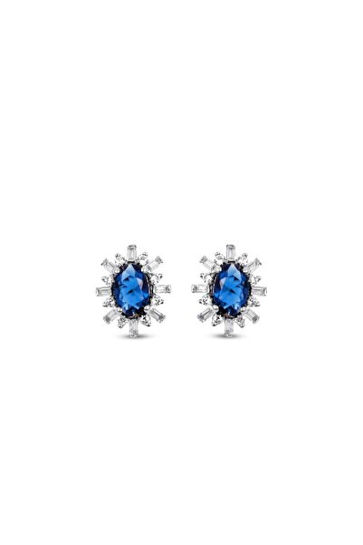 labor silver Pırlanta Görünümlü Oval Safir Baget Taşlı Gümüş Küpe