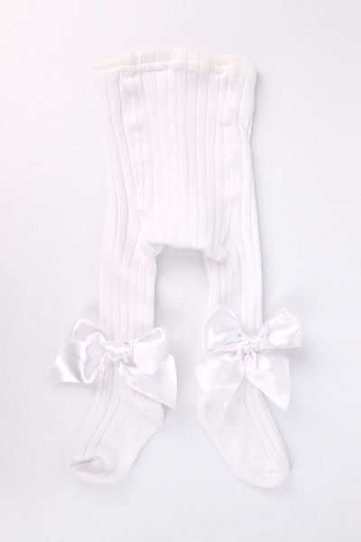 Le Mabelle White Bow Ribbed Girl's Pantyhose
