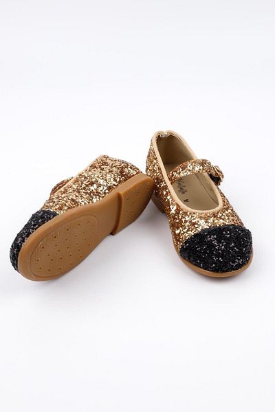 Le Mabelle Gold Sequin Buckle Shoes for Girls