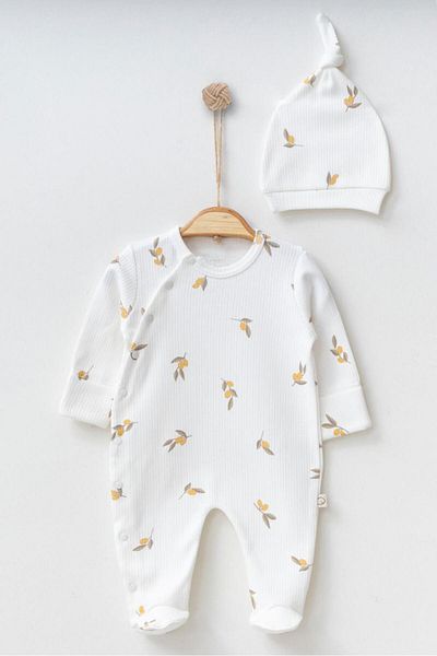 Mini Ropa Olive Printed Ecru Baby Rompers - Hat with Booties and Gloves