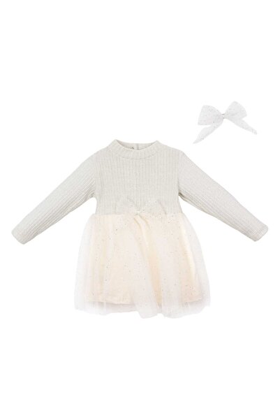 bebegen Kız Bebek Beyaz Pullu Simli Tüllü Fiyonklu Elbise