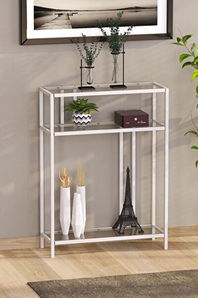 TOLIAHOME Beyaz Renk Temper Camlı Dresuar Konsol Komodin Çiçeklik Saksılık