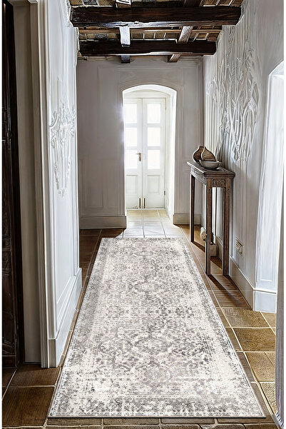 BigArts Home Gri Bej Klasik Eskitme Kaymaz Taban Halı Yolluk Yuvarlak Otantik...