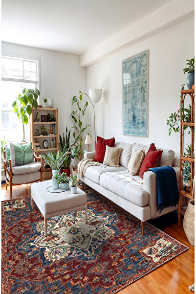 BigArts Home Bordo Lacivert Otantik Klasik Kaymaz Taban Halı Yolluk Yuvarlak ...