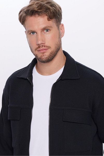 Tudors Мъжка плетена риза Relax Fit Casual Cut с двоен джоб и цип, черна