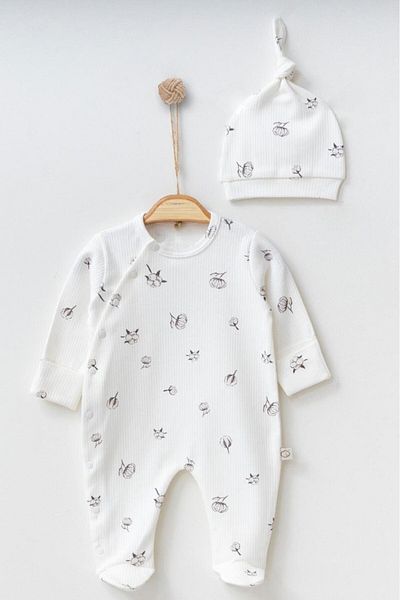 Mini Ropa Ecru Cotton Printed Newborn Baby Rompers and Hat - With Booties and Gloves