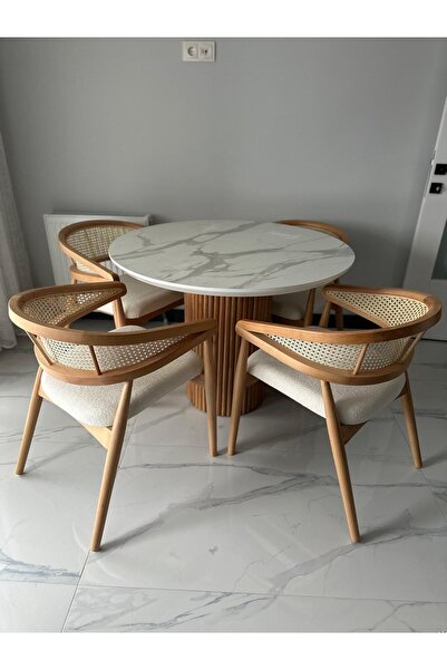 holzwelt Yuvarlak Ahşap Masa Takımı Bohem 4 Kişilik Mutfak Masa Sandalye Takımı İskandinav