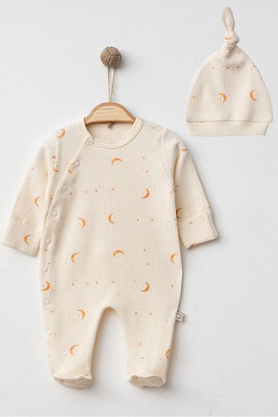 Mini Ropa Newborn Cream Baby Rompers 0-3-6 Months - Moon Printed Jumpsuit with Snap Gloves