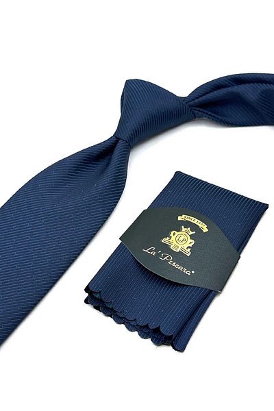 Kravatkolik Classic Tie with Navy Blue Line Pattern Handkerchief Kk13083