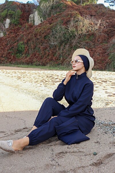 new ats Beli Ayarlanabilir Lastikli Tesettür Mayo 4lü Takım Lacivert