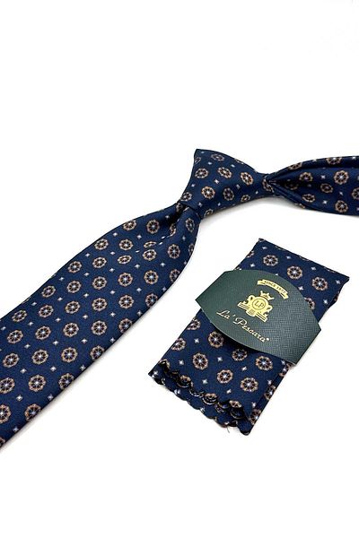 Kravatkolik Classic Tie with Navy Blue Motif Pattern Handkerchief Kk12907
