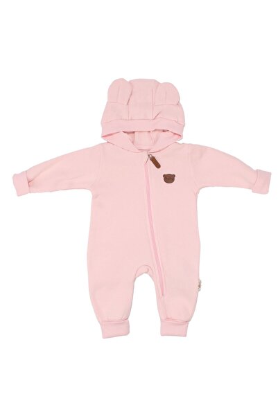 bebegen Kız Bebek Pudra Baby Ayıcık Armalı Kapüşonlu 3 İplik Fermuarlı Tulum