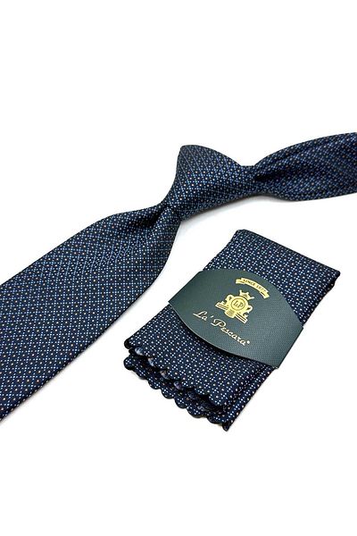 Kravatkolik Classic Tie with Dark Blue Dot Pattern Handkerchief Kk12902